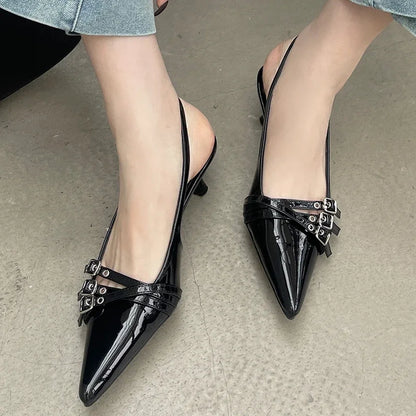 2024 Pointed Toe Shallow Ladies Heels Shoes Female Fashion Slingbacks New in Medium Heels Shoes for Women Footwear Mules