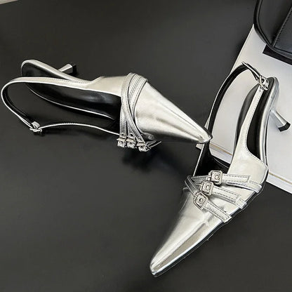 2024 Pointed Toe Shallow Ladies Heels Shoes Female Fashion Slingbacks New in Medium Heels Shoes for Women Footwear Mules