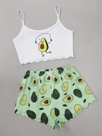 Avocado Print Camisole with Shorts Pajamas Set