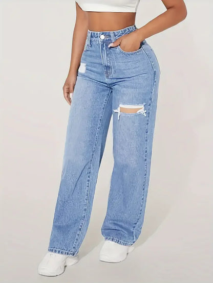 Trendy Wide Leg Distressed Straight Jeans for Women Elastic Casual Bootcut Denim Pants Bestseller Fashionable Ladies Jeans