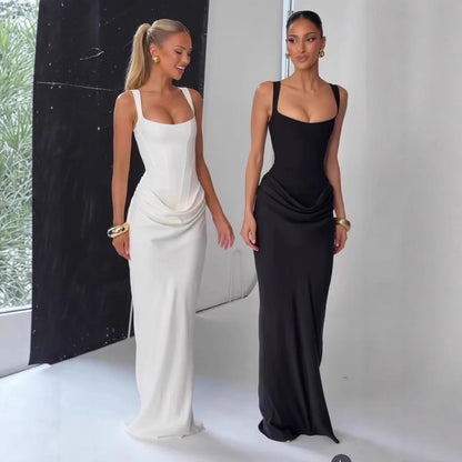 CHNMR Sexy Backless Ruched Maxi Dress for Women U-neck Sleeveless Bandage Bodycon Black Long Dresses Lady Evening Party Gown