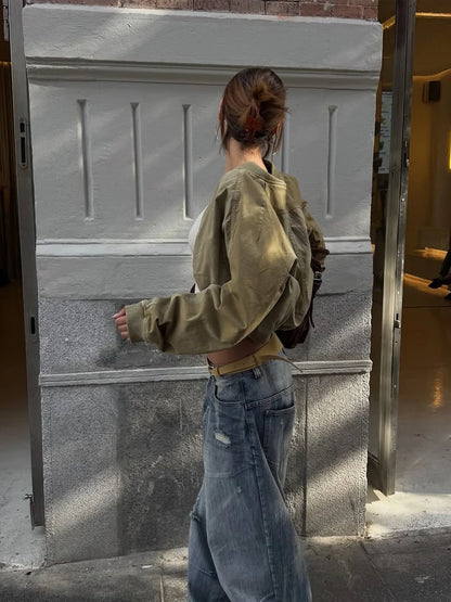 Cropped Bomber Short Jackets Women Solid Folded Hem Zipper Pockets Full Sleeves Coats Women Lady Casual Daily Street Outwear New