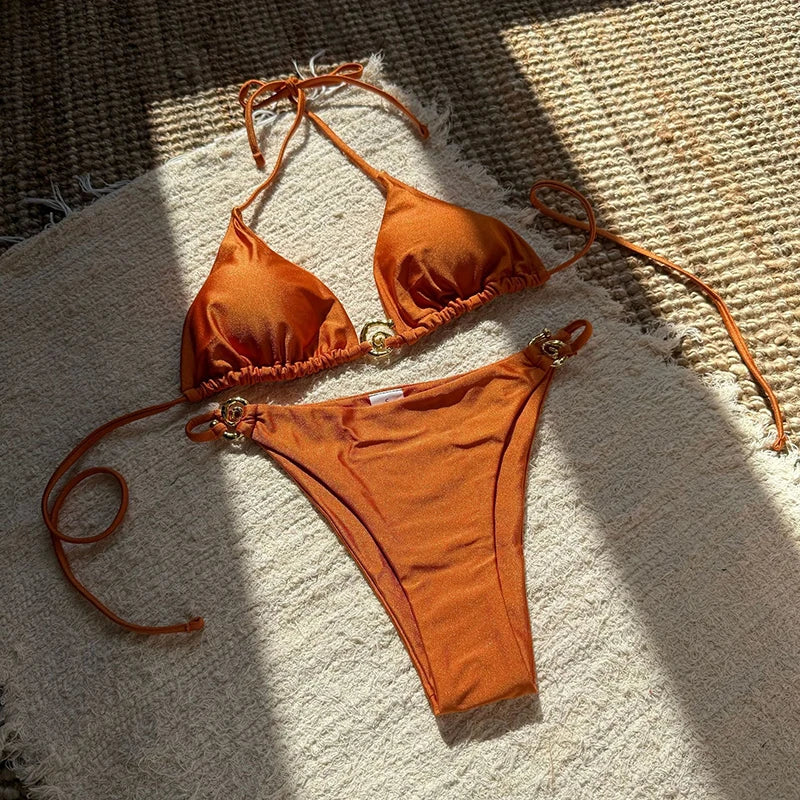 Vintage Metal Buckle Bikini Set Swimwear Women Sexy Triangle Halter High Cut Thong Bikini Push Up 2025 New Beach Bathing Suit