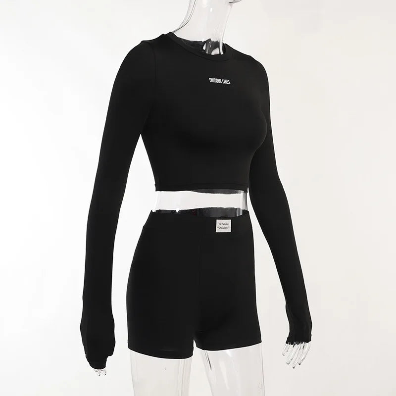 Round Neck Long sleeved Shirt and  Shorts Two piece Set
