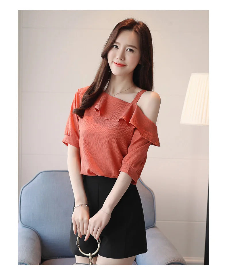 One-Shoulder Ruffles Short-sleeved Chiffon Blouse