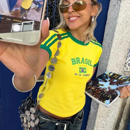 BRASIL Letter Print T-Shirt and Shorts Suit, Vintage Grunge  Short Sleeve Baby Tees,