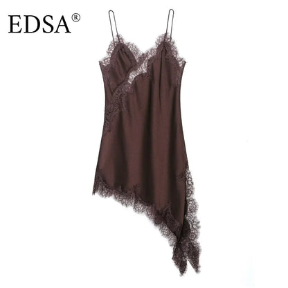 EDSA Women Asymmetric Lace Satin Mini Dress with with Straps V-neck Sexy Short Dresses for Prty