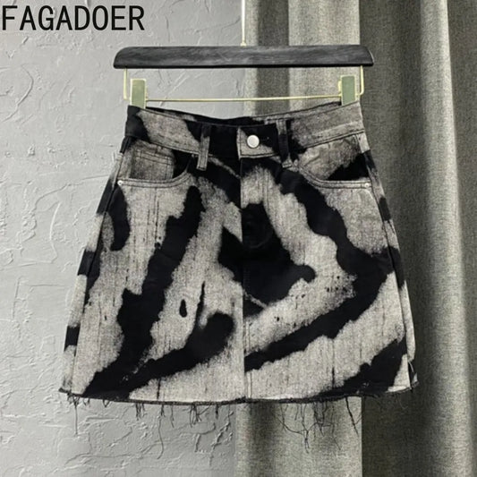 FAGADOER Gray Tie Dye Printing Fashion Denim Mini Skirts Women High Waist Button Pocket A-line Jean Skirts Sexy Y2K Streetwear