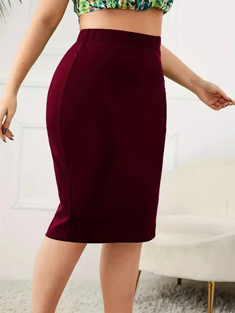 2026 Summer Plus Size Solid Slim Skirt, Casual High Waist Slit Skirt, Women's Plus SizeClothing